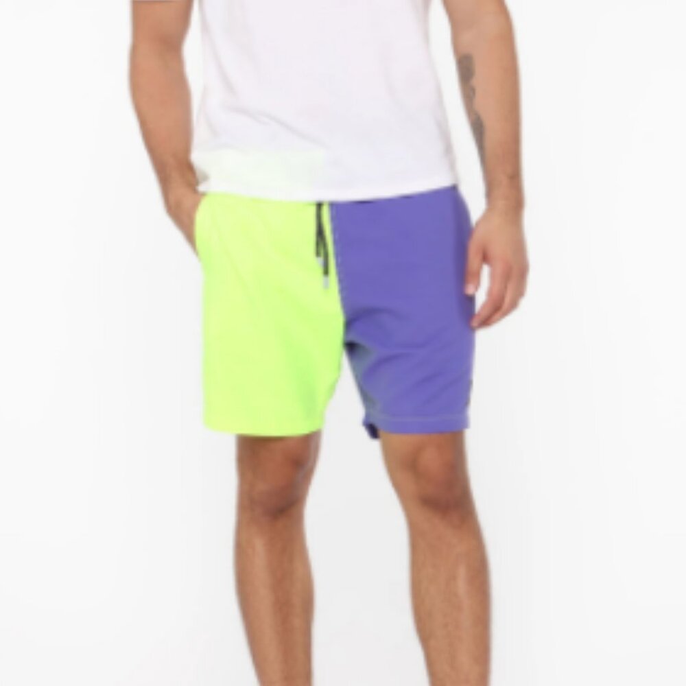 Split Personality Board Shorts - Purple Lime Green combo Drawstring NWT Men's